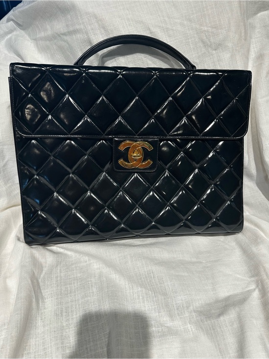 CHANEL Handbags - CHANEL Black Quilted Patent Top Handle Satchel with Gold CC